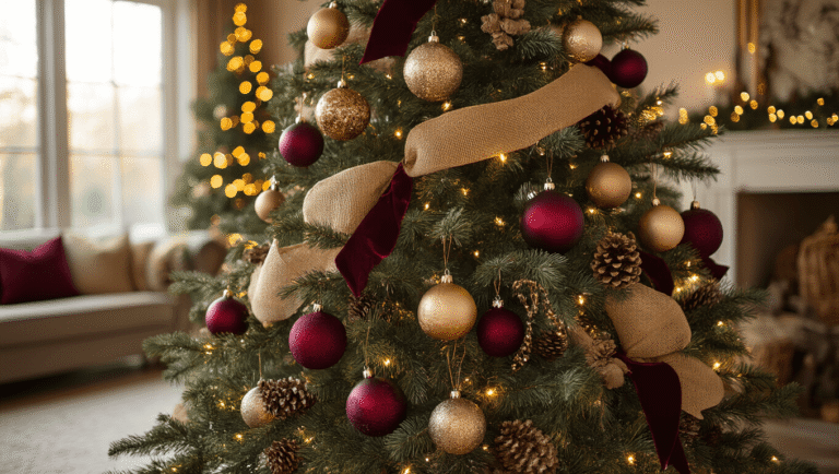 Elegant vintage Christmas tree adorned with burgundy and gold ornaments and burlap ribbon, warmly lit in a cozy living room with amber sunlight streaming through windows, creating a nostalgic holiday atmosphere.