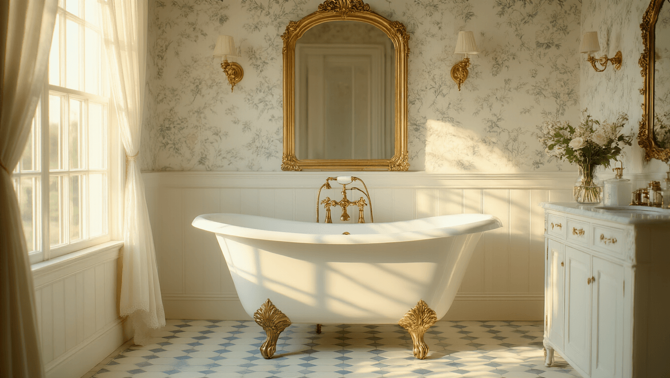Cinematic golden-hour photograph of a luxurious vintage bathroom featuring a white clawfoot tub, ornate brass-framed mirror, marble vanity, and hexagonal cream and pale blue tiles, with soft natural light and warm highlights illuminating the space.