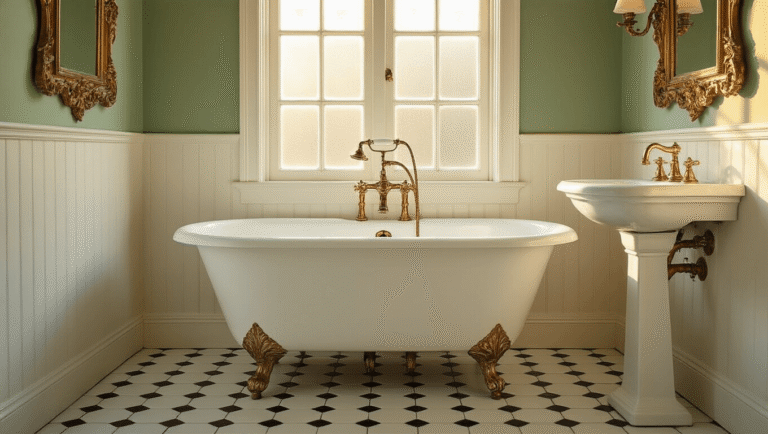 Elegant vintage bathroom featuring a clawfoot tub and brass fixtures, bathed in warm golden hour light, with a pedestal sink and intricate mirror, complemented by hexagonal tiles and soft ambient lighting.