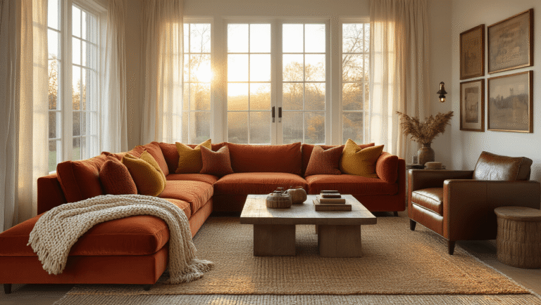 Cinematic interior shot of a luxurious living room during golden hour, featuring a rust-orange velvet sectional sofa, textured pillows, a distressed leather armchair, and layered rugs, accented by warm-toned artwork and Edison bulb string lights.