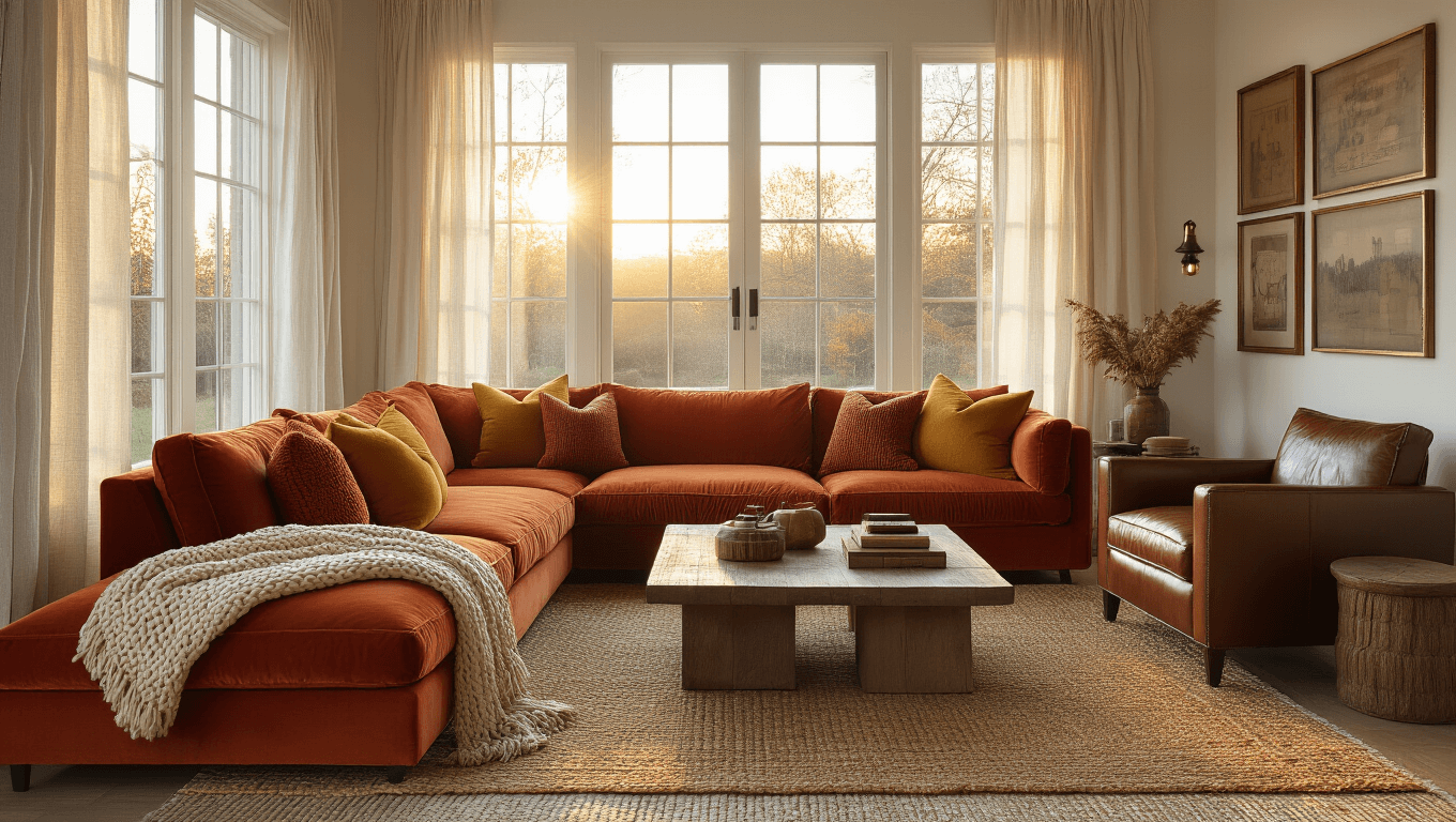 Cinematic interior shot of a luxurious living room during golden hour, featuring a rust-orange velvet sectional sofa, textured pillows, a distressed leather armchair, and layered rugs, accented by warm-toned artwork and Edison bulb string lights.