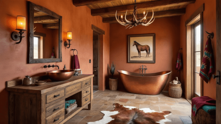 Wide-angle shot of a luxurious Western-style bathroom with terracotta walls, reclaimed wood vanity, copper vessel sink, antler chandelier, and rustic decor including a cowhide rug and vintage horse artwork.