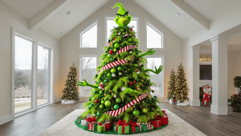 Photorealistic wide-angle shot of a 9-foot slim Christmas tree in a modern living room, adorned with green baubles and Grinch hands, topped with an animatronic Grinch head, set against large windows with warm sunlight.