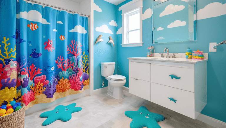 A whimsical kids' bathroom with ocean-themed decor, featuring ocean-blue walls, hand-painted clouds, a coral reef shower curtain, and a modern floating vanity with seahorse handles, all illuminated by morning light.