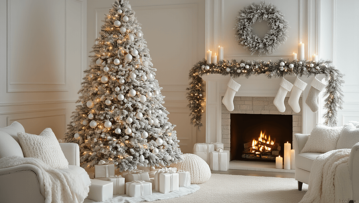 An elegant living room adorned for a white Christmas, featuring a flocked Christmas tree with white ornaments, warm lighting, and a stone fireplace with garlands, evoking a cozy winter ambiance.