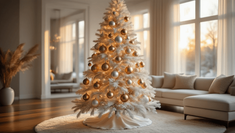 Elegant 6-foot pre-lit white Christmas tree adorned with metallic gold, silver, and champagne ornaments, set in a modern living room with warm sunlight streaming through windows, hardwood floors, and a plush cream rug, creating a luxurious winter wonderland atmosphere.