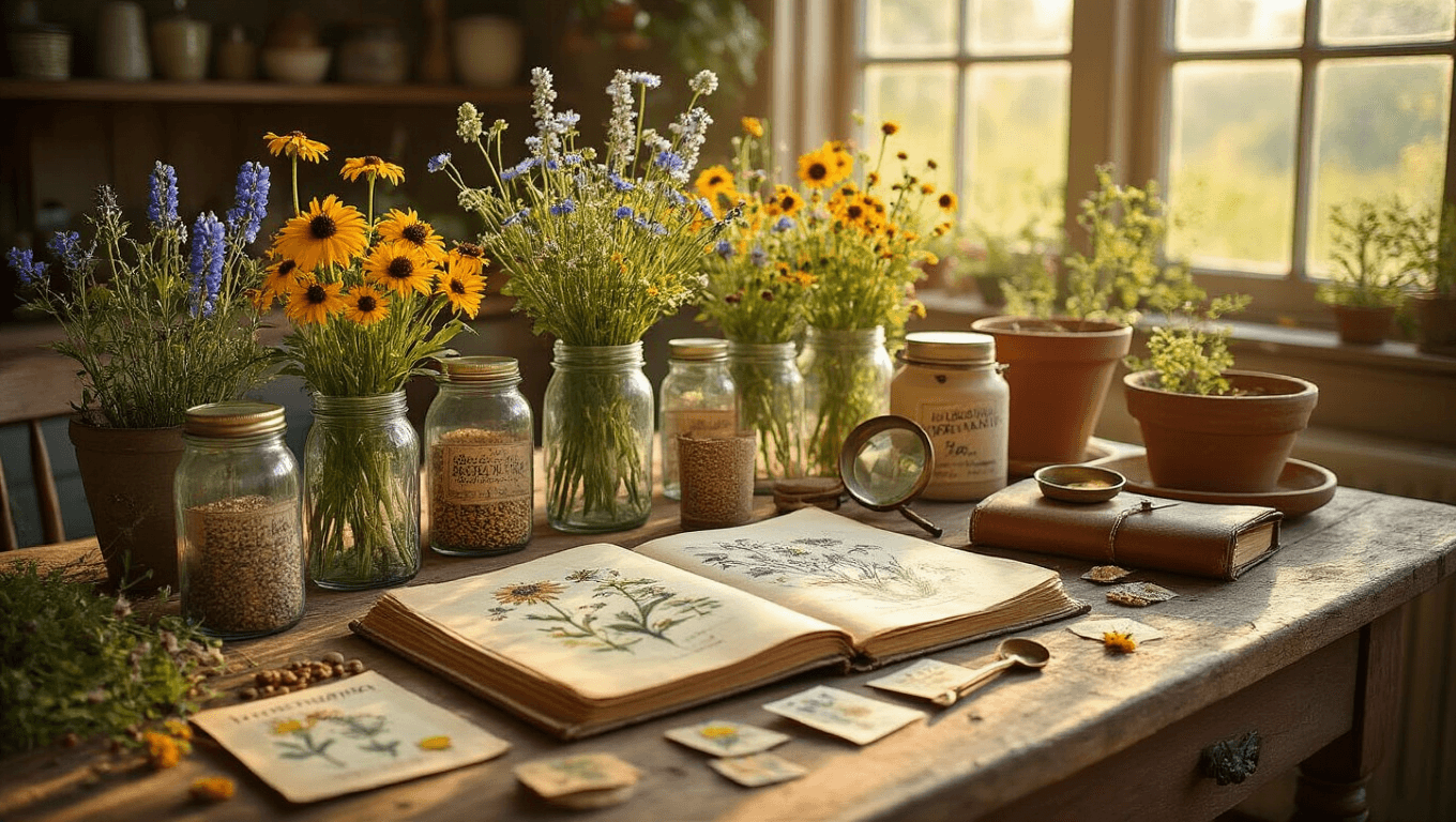 A rustic farmhouse kitchen table bathed in golden morning light, filled with wildflower garden planning materials including colorful seed packets, vintage glass mason jars, a gardening journal, and dried wildflower specimens, set against sage green walls and warm butcher block counters.