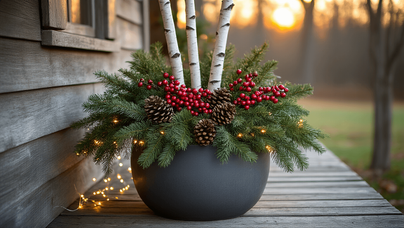 Cinematic wide-angle shot of a winter planter arrangement on a rustic farmhouse porch, featuring evergreen clippings, white birch poles, vibrant red winterberries, frosted pine cones, and twinkling fairy lights, all set against a backdrop of weathered oak planks and softly glowing window light.