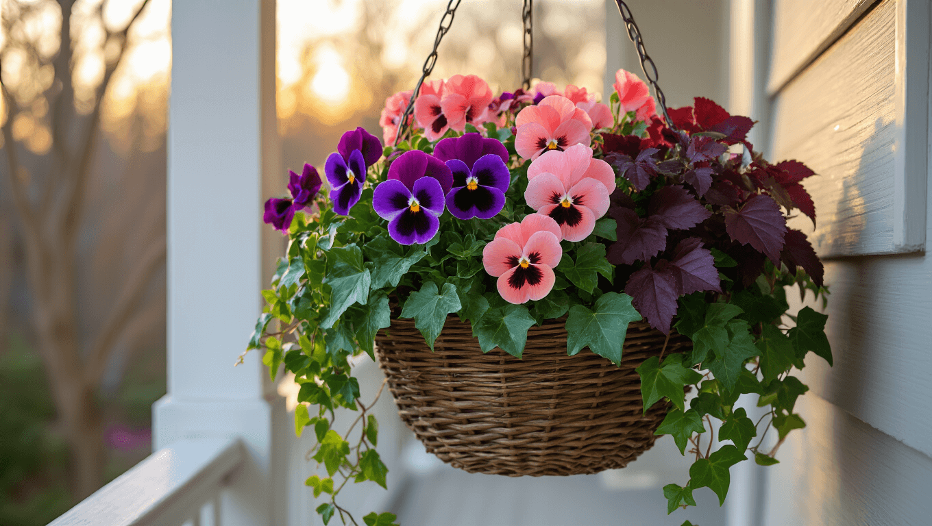A close-up of a vibrant winter hanging basket with purple pansies, coral-pink cyclamen, cascading emerald ivy, and burgundy heuchera, suspended from a white porch column with warm golden hour lighting illuminating the scene.