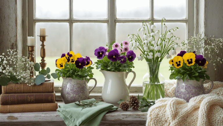 Winter Flower Styling: Your Ultimate Guide to Cozy, Instagrammable Seasonal Decor Cinematic flat lay of vibrant winter flower arrangements including pansies, hellebores, and snowdrops on a rustic oak windowsill, styled with brass candlesticks, linen napkins, vintage books, and cozy textures, illuminated by golden hour light.