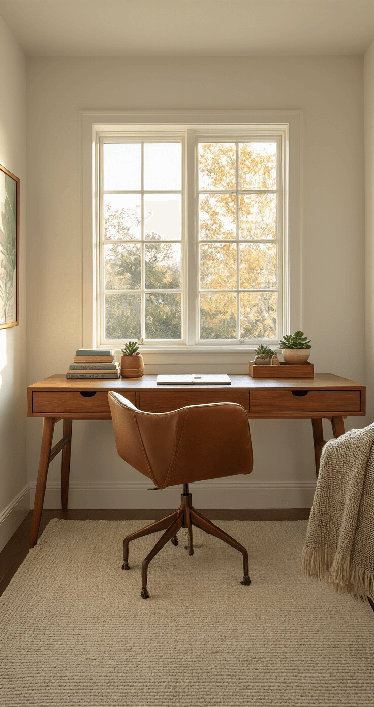 Creating Your Dream Cozy Office: A Step-by-Step Guide to Productivity Paradise Photorealistic interior of a cozy home office with a mid-century wooden desk and ergonomic leather chair, illuminated by golden hour light from a large west-facing window, featuring warm white walls, terracotta and sage green accents, a cream area rug, and layered textures including a woven throw blanket, ceramic desk organizer with succulents, and vintage books, with warm LED task lighting enhancing the intimate ambiance.