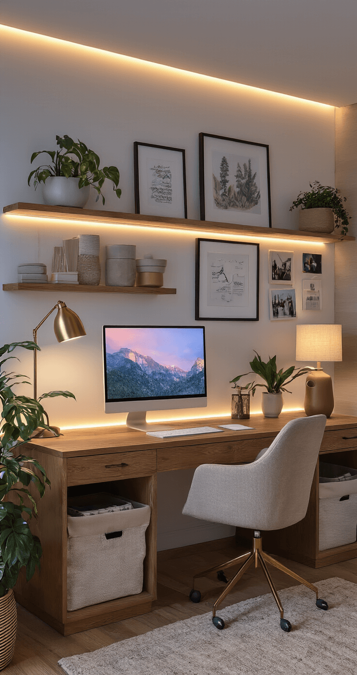 Creating Your Dream Cozy Office: A Step-by-Step Guide to Productivity Paradise A cozy home office during evening blue hour featuring warm lighting from a brass desk lamp and a linen-shaded floor lamp, with subtle LED strip lighting behind a floating monitor. The rich wood surfaces are complemented by earth-toned textile storage, framed artwork, personal photos, and inspiration boards on the walls. Low-light plants in ceramic planters add a touch of greenery, creating an intimate and inviting workspace.