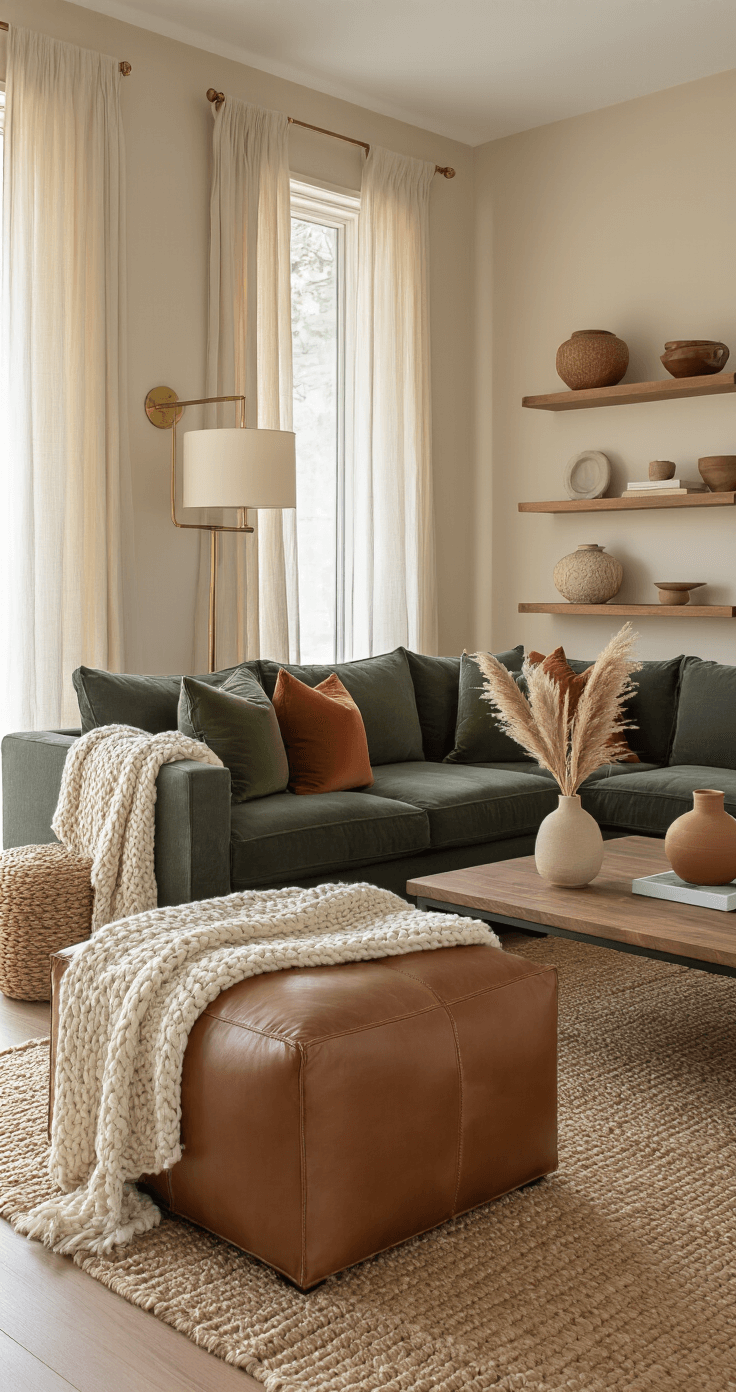 Creating a Cozy Apartment: My Guide to Transforming Small Spaces Into Warm, Inviting Havens A cozy 12x15 foot living room bathed in golden hour light, featuring a warm charcoal sectional sofa, layered textures with cream and terracotta throws, velvet and linen pillows, a jute rug, and decorative lighting elements.