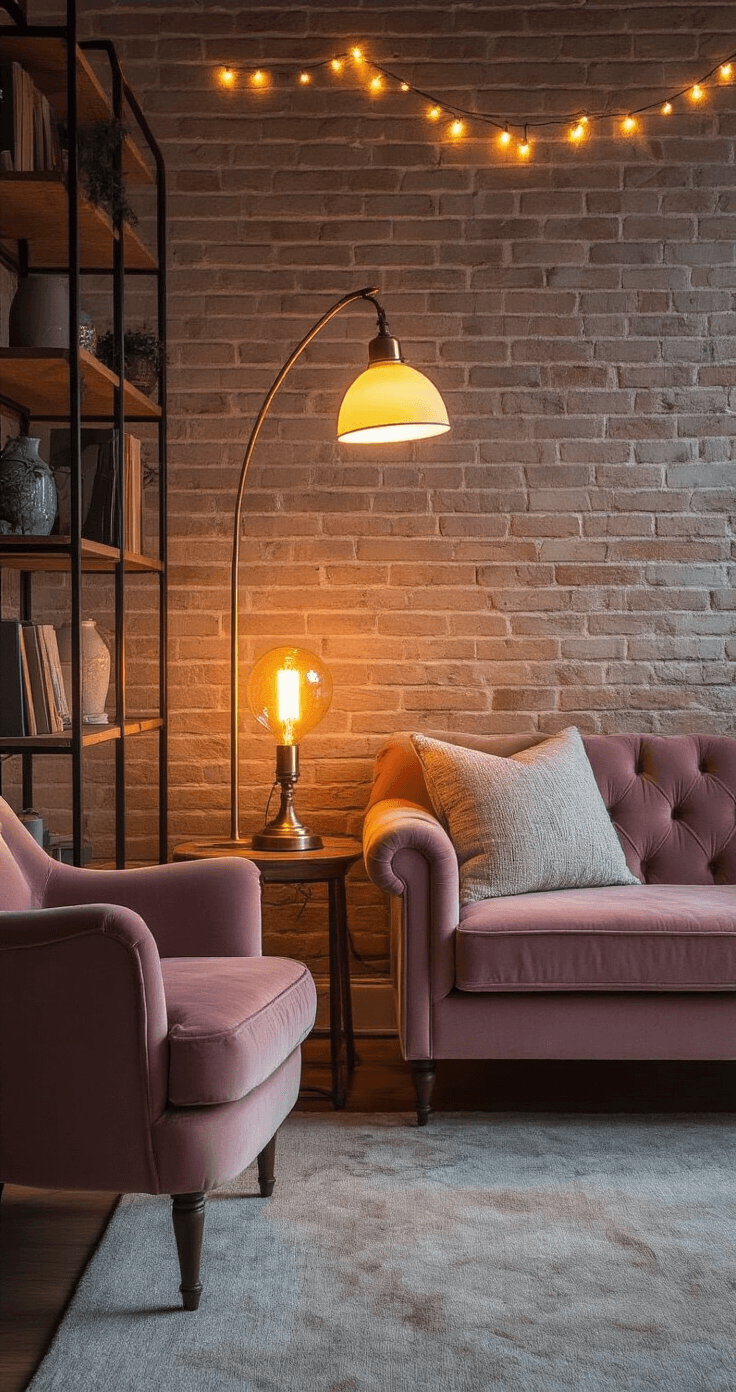 Creating a Cozy Apartment: My Guide to Transforming Small Spaces Into Warm, Inviting Havens A cozy studio apartment living area at blue hour, featuring warm, ambient lighting from a vintage brass table lamp, a modern arc floor lamp, and delicate string lights along an exposed brick wall, highlighting a dusty rose velvet armchair and a reclaimed wood bookshelf.
