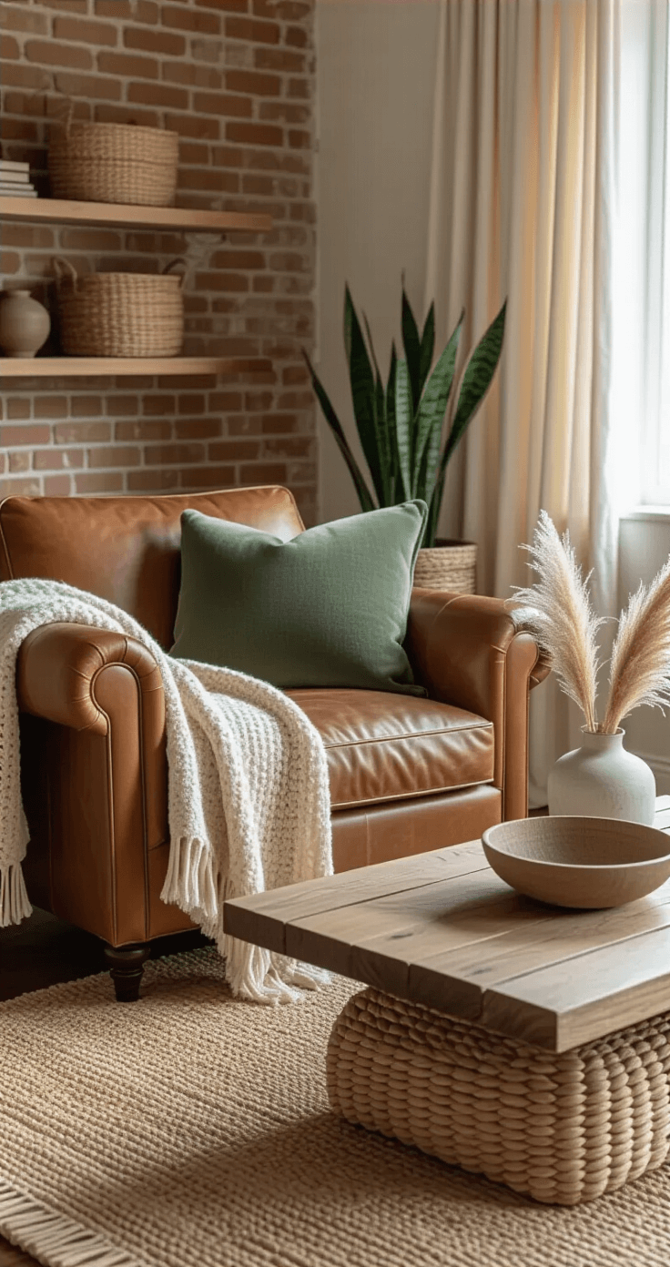 Creating a Cozy Apartment: My Guide to Transforming Small Spaces Into Warm, Inviting Havens An intimate living room corner with a cognac leather armchair on a jute rug, featuring a coffee table with a reclaimed wood surface, rattan runner, and a ceramic bowl with dried grasses, set against an exposed brick wall and floating wood shelves, accentuated by sage green velvet pillows and a snake plant, captured in warm afternoon light.