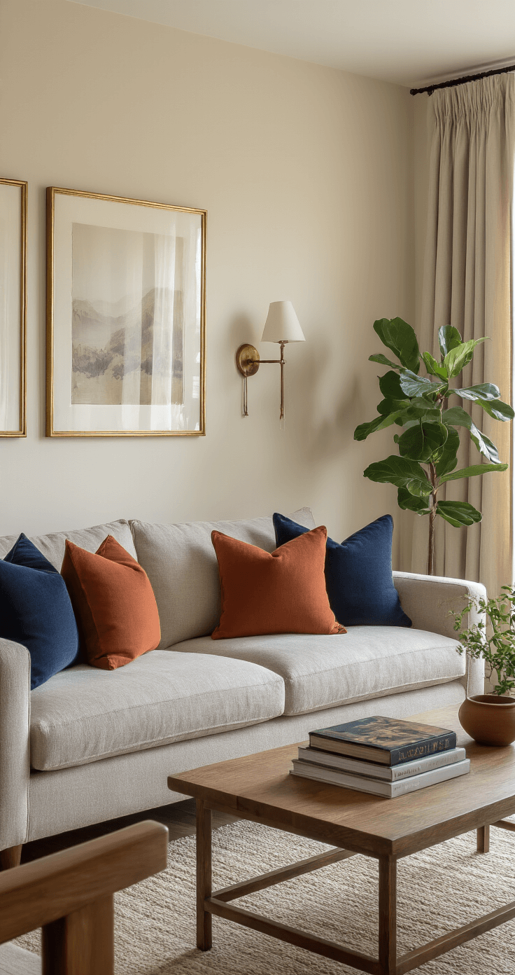 Creating a Cozy Apartment: My Guide to Transforming Small Spaces Into Warm, Inviting Havens A cozy small apartment living space featuring warm cream walls, a soft gray sofa, and natural oak furniture, accented with terracotta and navy pillows, vintage brass frames, and a fiddle leaf fig plant, all illuminated by afternoon light through linen curtains.