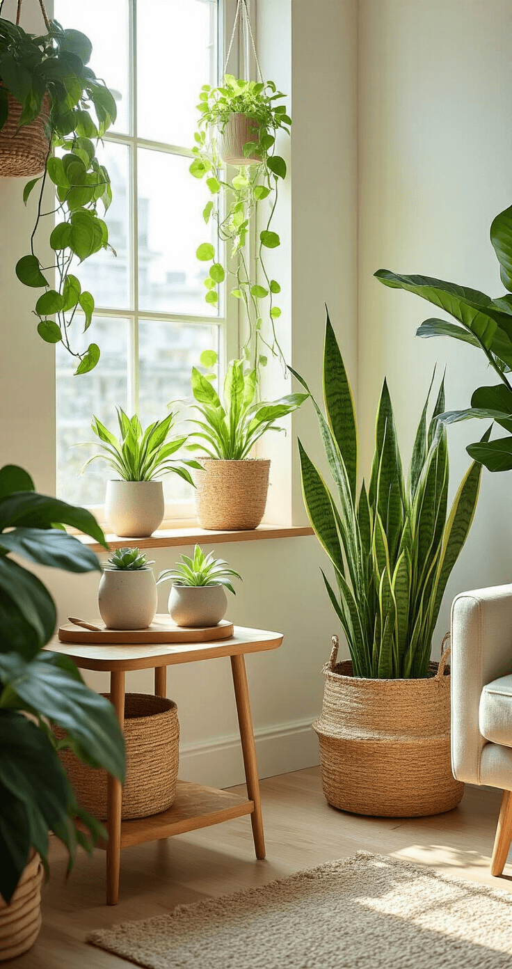 Creating a Cozy Apartment: My Guide to Transforming Small Spaces Into Warm, Inviting Havens Bright morning light illuminates a plant-filled apartment corner, featuring a large snake plant in a woven basket by the window, medium pothos trailing from a floating shelf, and a small peace lily on a side table. Natural elements like a wooden cutting board, stone ceramic planters, and woven storage baskets complement mid-century modern furniture. A rubber tree adds height, creating a lush indoor garden atmosphere with a mix of real and artificial plants.
