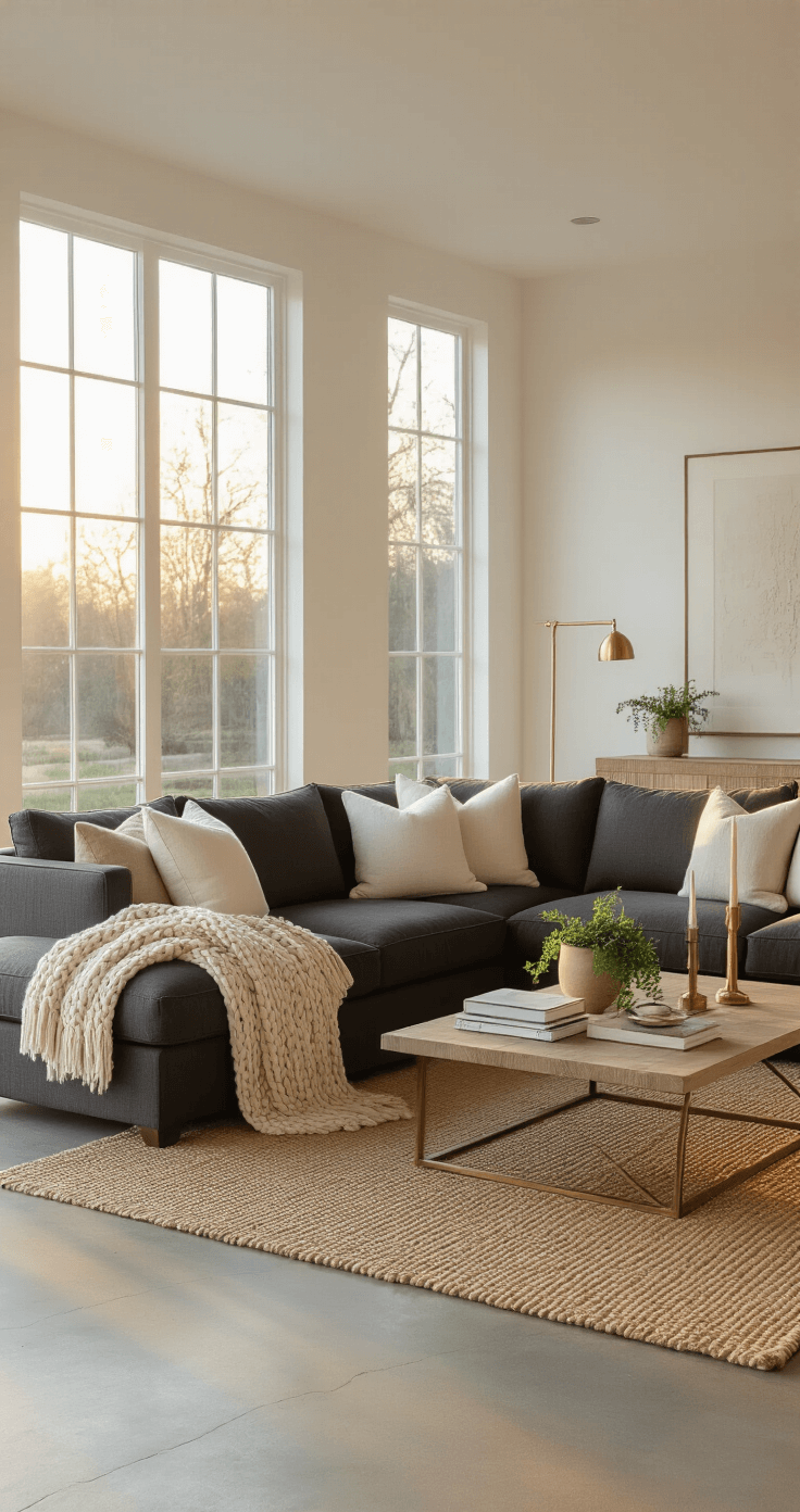 Photorealistic interior of a spacious modern living room during golden hour, featuring a charcoal sectional sofa with cream throw pillows, a jute rug, an oak coffee table with decor, and warm lighting from floor and table lamps, showcasing an inviting and sophisticated atmosphere.