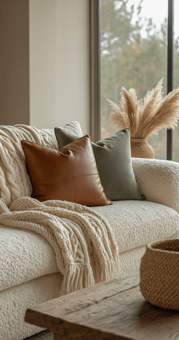 Close-up view of a modern cream bouclé sofa featuring layered textures: a chunky oatmeal knit throw, a cognac leather lumbar pillow, and a woven rattan basket with dried pampas grass. Various decorative pillows in sage green, dusty terracotta, and geometric black and cream patterns are artfully arranged. The scene is illuminated by soft afternoon natural light through sheer curtains, enhancing the cozy aesthetic.