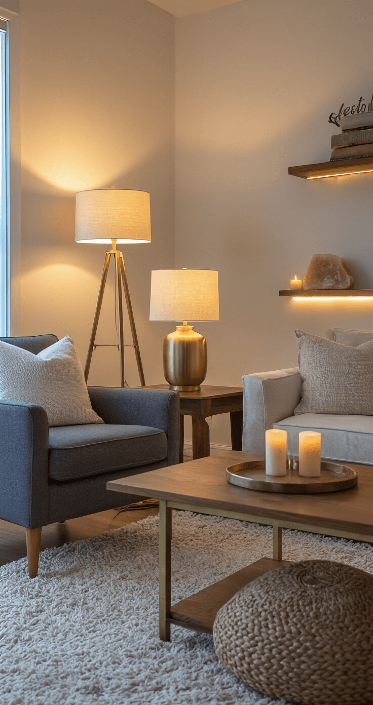 Evening interior of a cozy living room with a three-point lighting system, showcasing warm brass and ceramic table lamps, adjustable reading sconce, LED strip lighting, candles, and string lights, all contributing to a golden atmospheric glow against cream walls and natural wood floors.