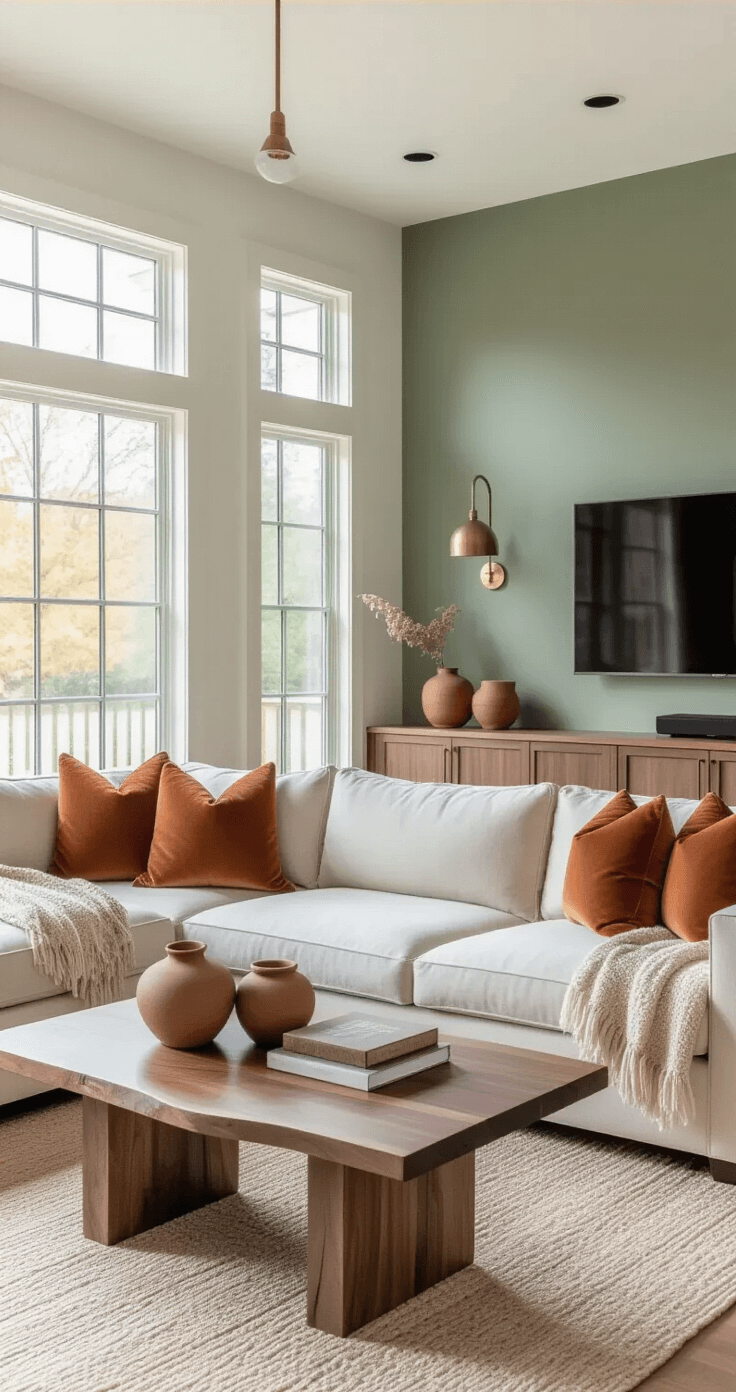 Wide-angle shot of a modern living room in earth tones with a sage green accent wall, featuring a cream sectional sofa, terracotta pillows, a live-edge walnut coffee table, and ceramic vessels. The space is bathed in morning light from large windows, showcasing warm brass pendant lights and a sophisticated, clean-lined design.