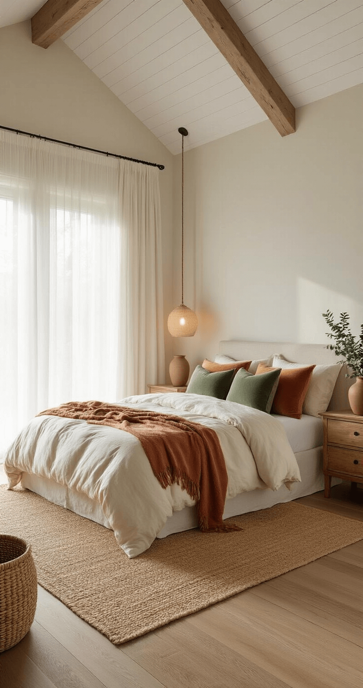 Transform Your Space: The Ultimate Guide to Cozy Room Decor That Actually Works A serene master bedroom with a vaulted ceiling, featuring golden hour sunlight through white linen curtains. A king bed adorned with cream duvet and layered throw pillows in sage green and terracotta, complemented by a chunky knit blanket. Jute rug extends beyond the bed, with reclaimed wood nightstands and warm-glowing ceramic lamps. A rattan basket and eucalyptus stems in a ceramic vase add charm to the hardwood floor.