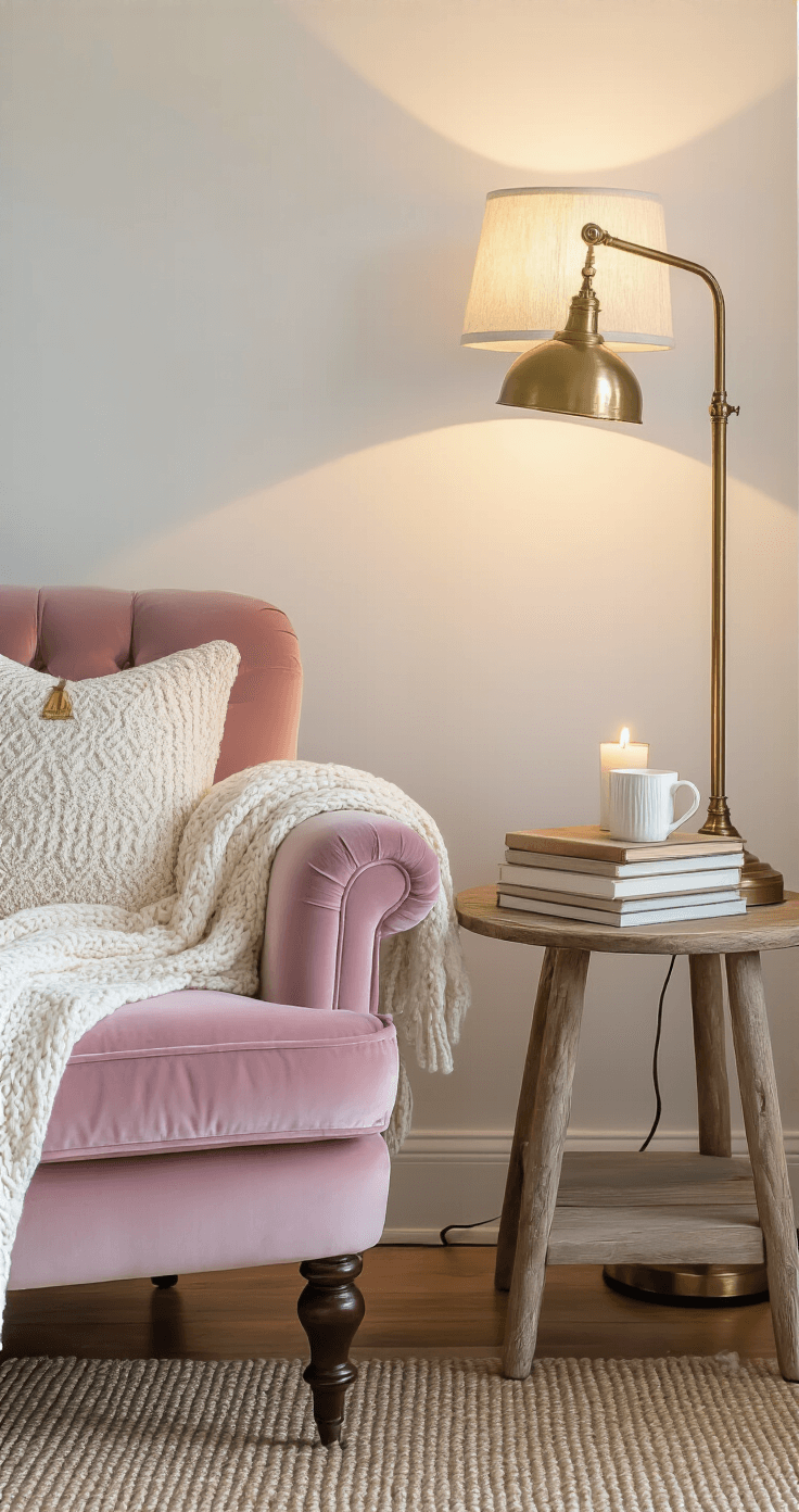 Transform Your Space: The Ultimate Guide to Cozy Room Decor That Actually Works Cozy bedroom corner with a plush dusty pink velvet chair beside a vintage brass floor lamp, illuminated by warm afternoon light; a weathered oak side table holds a stack of books, a ceramic mug, and a candle; a cream cable-knit throw drapes over the chair arm, set against a textured white wall and woven jute rug.