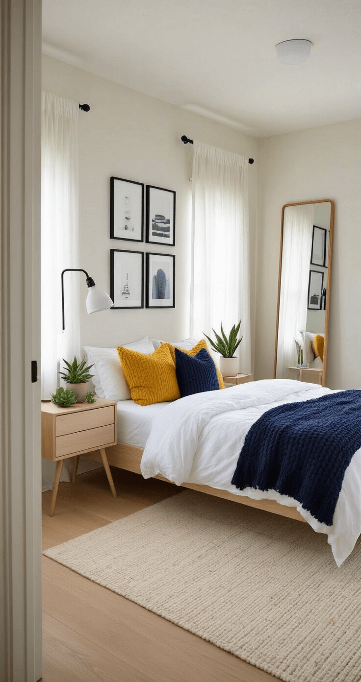 Transform Your Space: The Ultimate Guide to Cozy Room Decor That Actually Works A cozy small bedroom transformation featuring a platform bed with white sheets and navy pillows, a mustard yellow accent cushion, and a floating nightstand with a succulent. Soft morning light filters through sheer curtains, illuminating a gallery wall of black-framed prints above the bed, while a full-length mirror reflects the light. Light oak floors are accented with a cream area rug, giving the space an airy and maximized feel.
