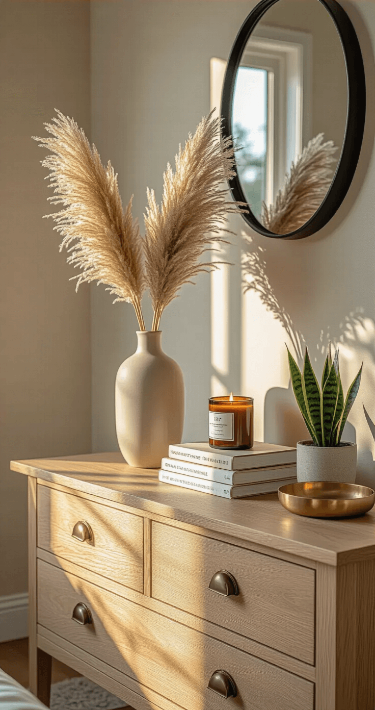 Transform Your Space: The Ultimate Guide to Cozy Room Decor That Actually Works Close-up of an oak dresser top styled with a tall ceramic vase holding pampas grass, stacked coffee table books, a small potted snake plant, a brass jewelry dish, and an amber glass vanilla candle, with a circular black-framed mirror above, showcasing a sophisticated aesthetic during golden hour with textural contrasts and side lighting casting shadows.
