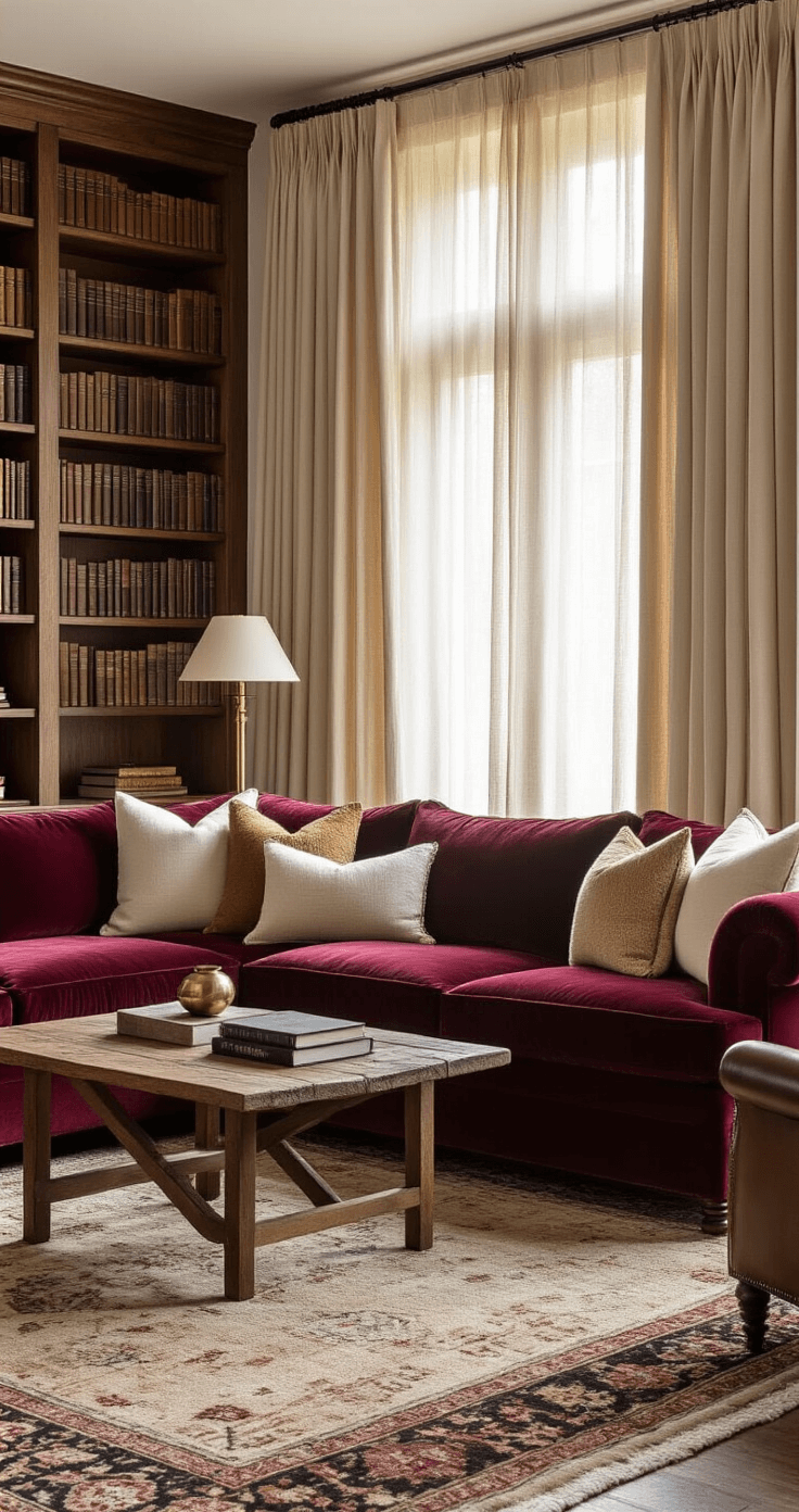 Luxurious living room with a deep burgundy velvet sectional, cream and gold throw pillows, reclaimed wood coffee table, warm brass lamps, rich wool area rug, and a vintage leather armchair near floor-to-ceiling bookshelves, all illuminated by soft afternoon light.