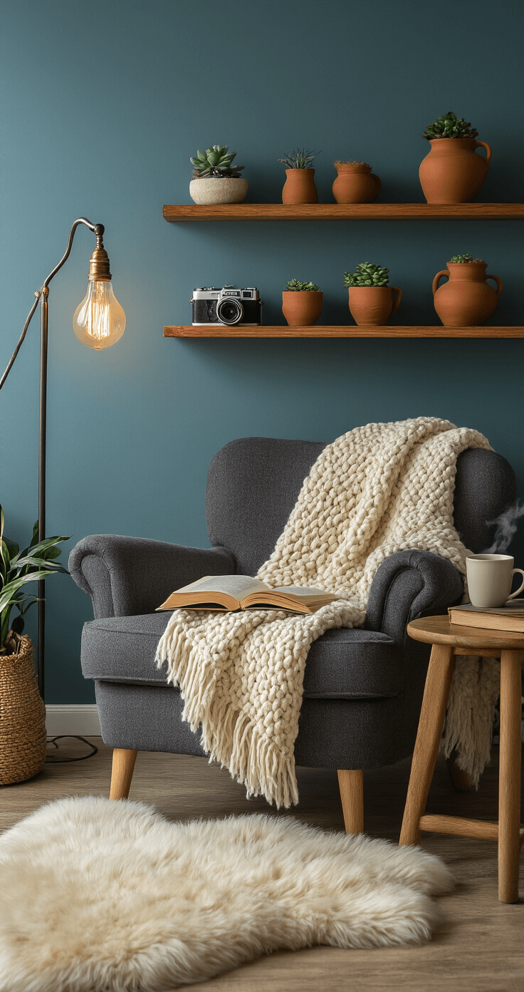 Cozy reading nook with a gray bouclé armchair, knit throw, sheepskin rug, walnut shelves featuring vintage cameras and succulents, warm floor lamp, dusty blue wall, terracotta pottery, natural wood side table with a mug and book, low-angle perspective, warm lighting, and layered textures.