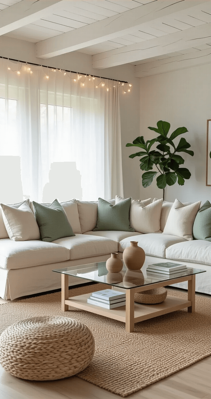 A Scandinavian-inspired living room featuring light oak furniture and a cream-colored linen sectional adorned with throw pillows in sage green, warm gray, and natural linen. A jute area rug defines the seating area under a glass-top coffee table with ceramic vases and books. String lights hang from exposed white ceiling beams, complemented by a potted fiddle leaf fig and smaller plants. Soft morning light filters through sheer curtains, creating a peaceful, minimalist luxury atmosphere.