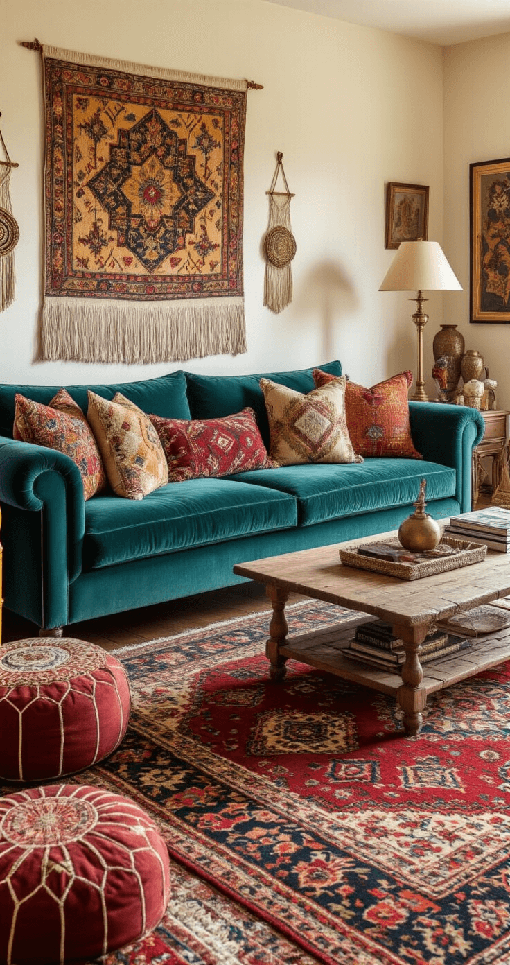 Bohemian living room basking in warm afternoon light, showcasing a deep teal velvet sofa adorned with patterned throws, a vintage Persian rug, eclectic furniture, macramé wall hangings, and brass floor lamp, all creating a cozy, worldly atmosphere filled with rich colors and artistic treasures.