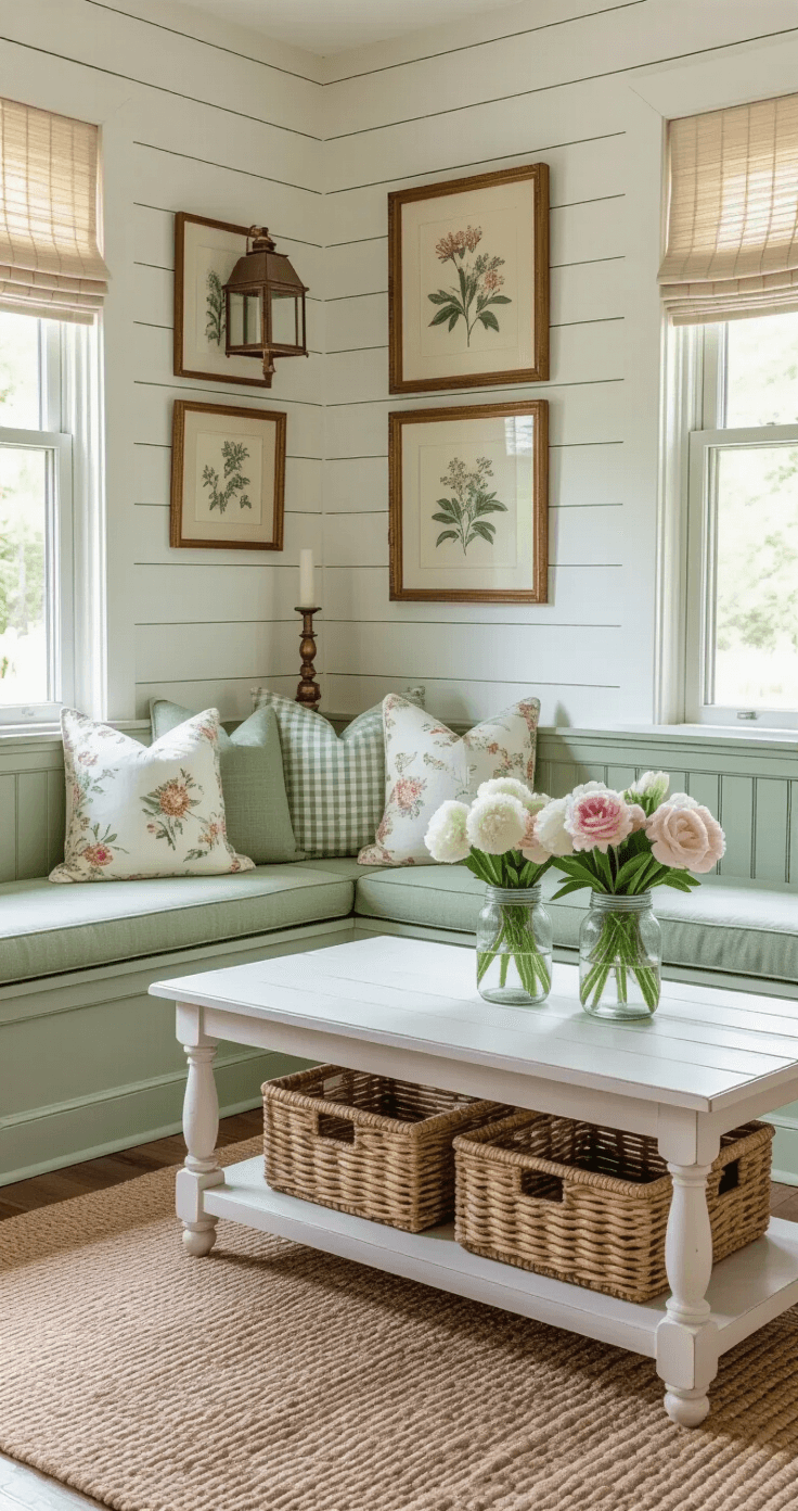 Cozy modern cottage living room featuring sage green banquette seating adorned with floral and gingham cushions, a distressed white coffee table with fresh peonies, cream shiplap walls with vintage botanical prints, and woven basket storage, all illuminated by soft evening light.