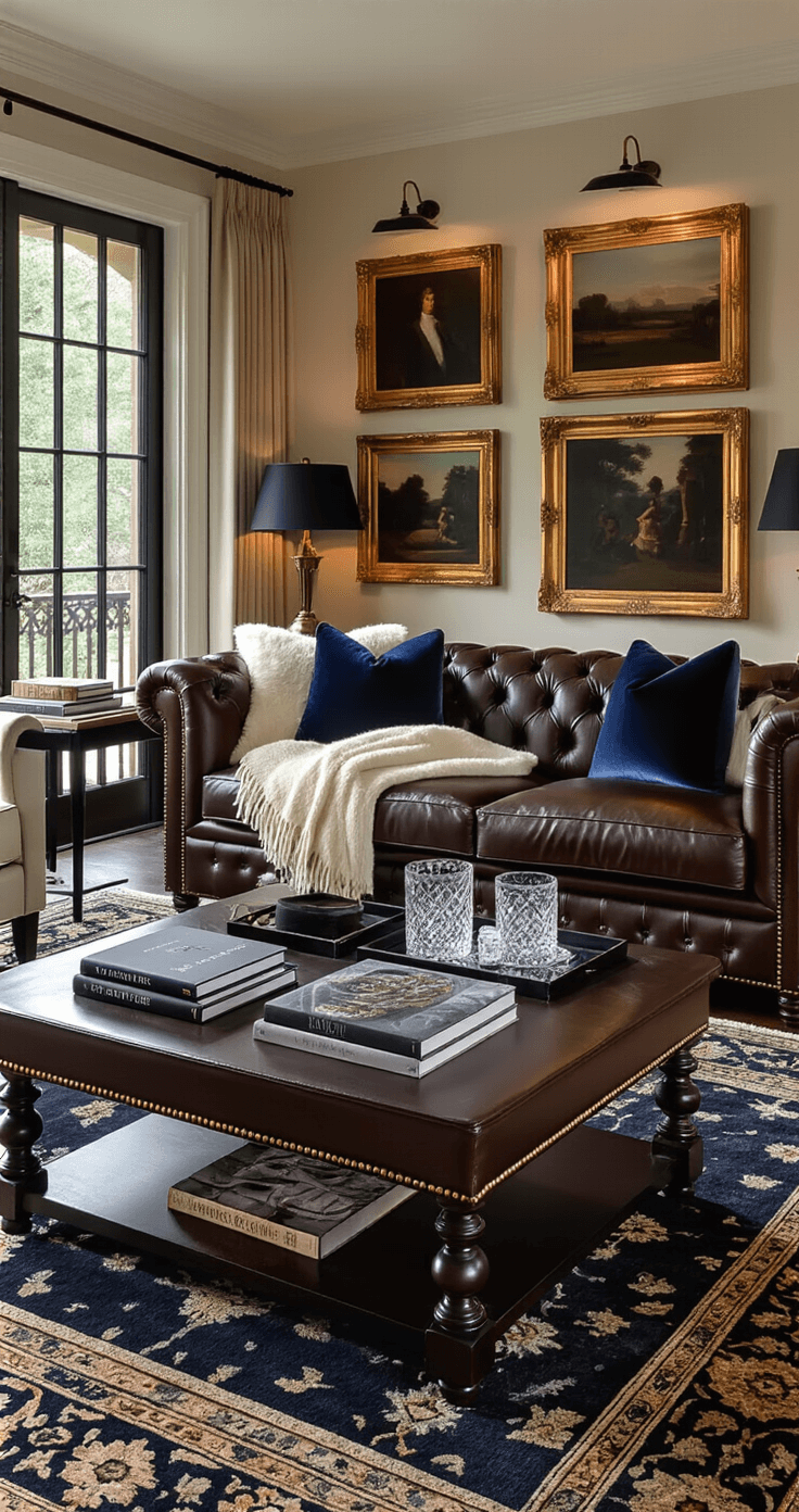 Sophisticated living room interior with a chocolate brown leather Chesterfield sofa adorned with cream cashmere throws and navy velvet pillows, a dark walnut coffee table with art books and crystal decanters, a charcoal rug layered beneath an antique Persian accent rug, and a gallery wall of oil paintings in gold frames, all illuminated by table lamps with black shades in a warm, moody setting.
