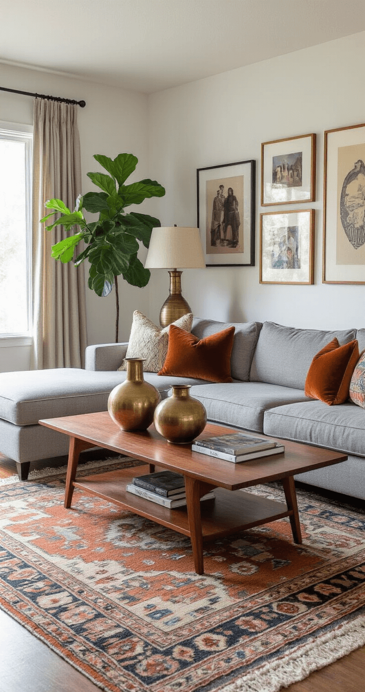 Eclectic living room with vintage and modern elements, featuring a walnut coffee table, gray sectional sofa, brass table lamp, ceramic vases, mixed throw pillows, an antique kilim rug, a gallery wall of photos and art, and a fiddle leaf fig, all captured in soft natural light from a corner angle.