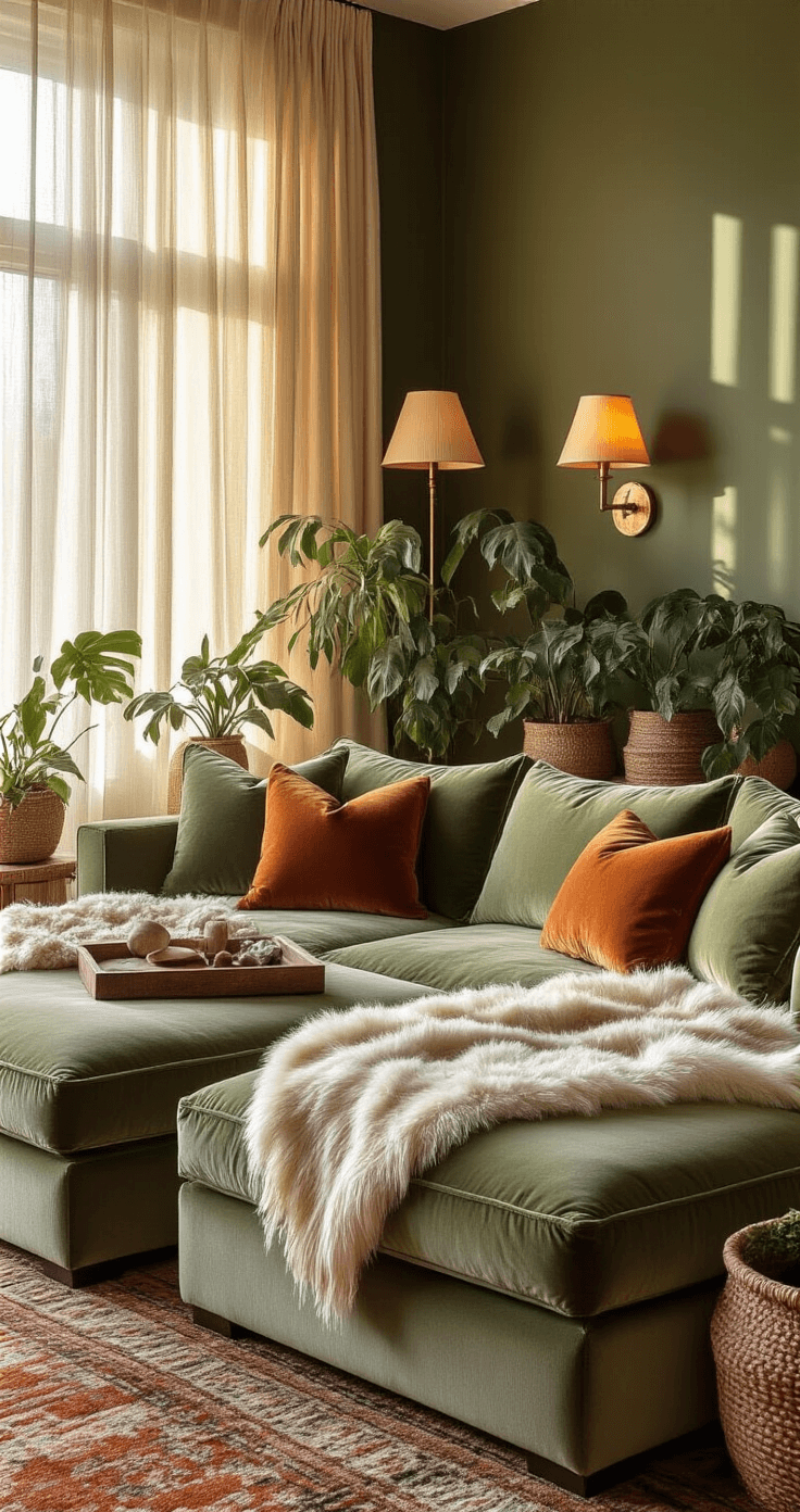 How to Create a Cozy Living Room That Actually Feels Like Home Medium shot of a cozy living room featuring a sage green plush sectional sofa adorned with cream and rust wool throws and faux fur accents. Warm golden hour sunlight filters through sheer curtains, illuminating thick Persian rugs below. The deep forest green accent wall contrasts with mushroom-colored walls, while multiple table lamps provide soft amber light. Houseplants in woven baskets add a touch of greenery, creating an inviting and intimate atmosphere.