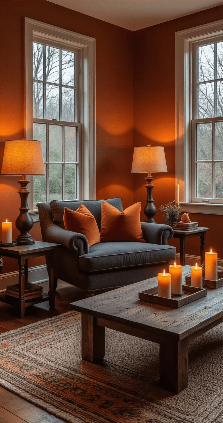 How to Create a Cozy Living Room That Actually Feels Like Home Intimate living room corner with a deep armchair, surrounded by varying-height table lamps and warm terracotta throw pillows against charcoal walls. Flickering candles on a weathered wood coffee table add ambient light, while a thick area rug anchors the seating. The low-angle view captures the moody atmosphere enhanced by golden light and dramatic shadows.