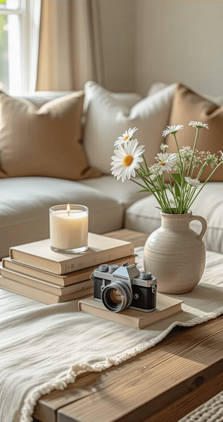 How to Create a Cozy Living Room That Actually Feels Like Home Close-up of a cozy coffee table featuring a vintage camera, stacked books, vanilla candles, and fresh flowers in ceramic vases, with a soft linen table runner, plush sofa, and warm afternoon sunlight, creating a peaceful and personal atmosphere.