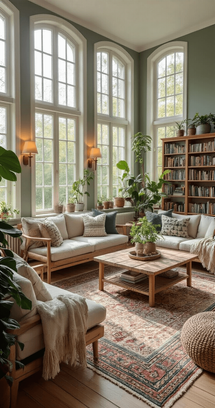 How to Create a Cozy Living Room That Actually Feels Like Home Panoramic view of a large Scandinavian-style living room with cozy conversation zones, featuring area rugs and furniture clusters, tall plants, and bookcases as dividers. The space is bathed in warm, golden afternoon light, showcasing a navy and sage green color scheme with natural wood accents.