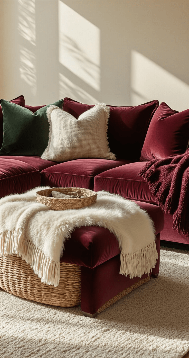 How to Create a Cozy Living Room That Actually Feels Like Home A cozy seating area with a deep velvet sofa adorned with layered throws made of wool, faux fur, and linen. An oversized ottoman serves as a footrest with woven storage baskets underneath, all set against cream walls in warm burgundy and forest green tones. Soft morning light casts gentle shadows on the plush fabrics, while various throw pillows of different sizes enhance the inviting atmosphere.