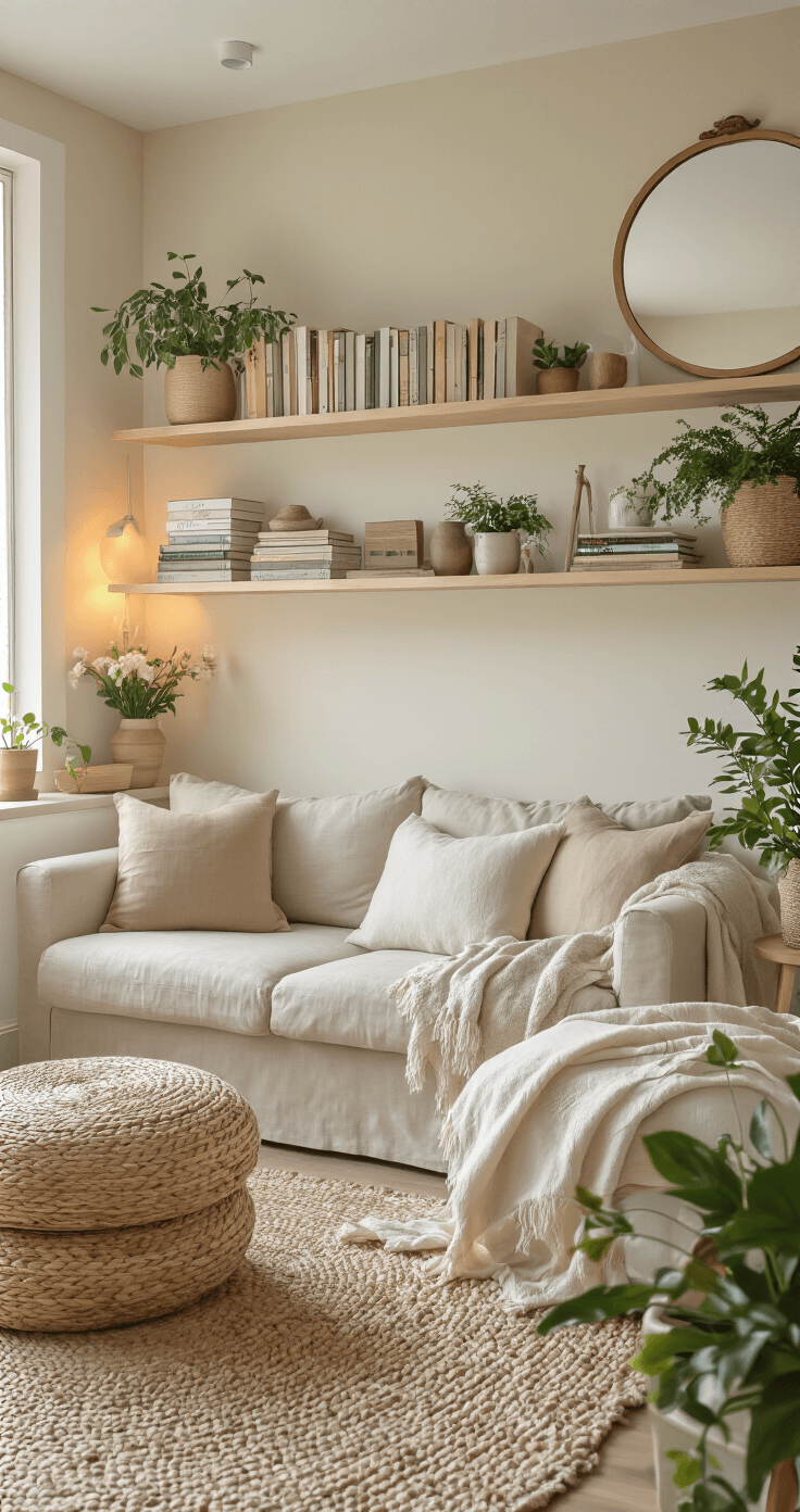 How to Create a Cozy Living Room That Actually Feels Like Home A compact, stylish living room with floating shelves filled with books and plants, featuring multipurpose furniture like a storage ottoman and expandable side tables, adorned with soft linen throws and fresh flowers, all illuminated by natural light and warm lamplight, reflecting an airy atmosphere in a cream and taupe color palette.
