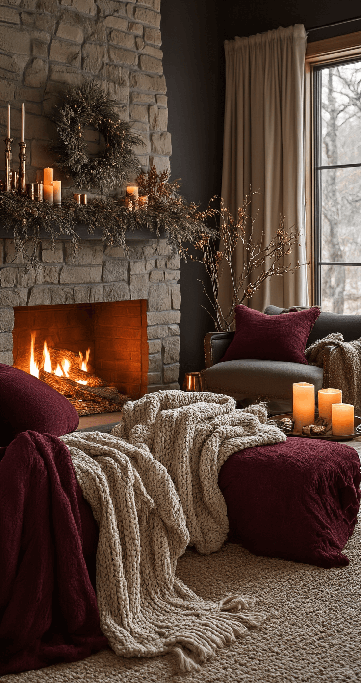How to Create a Cozy Living Room That Actually Feels Like Home A cozy winter scene featuring deep-colored knit blankets, warm metallic accents, and rich burgundy textiles, with a softly glowing fireplace, cedar-scented candles, and dried branches. Furniture arranged in a tight cluster creates an intimate, sanctuary-like atmosphere, enhanced by evening lighting in warm amber tones, evoking comfort and warmth.