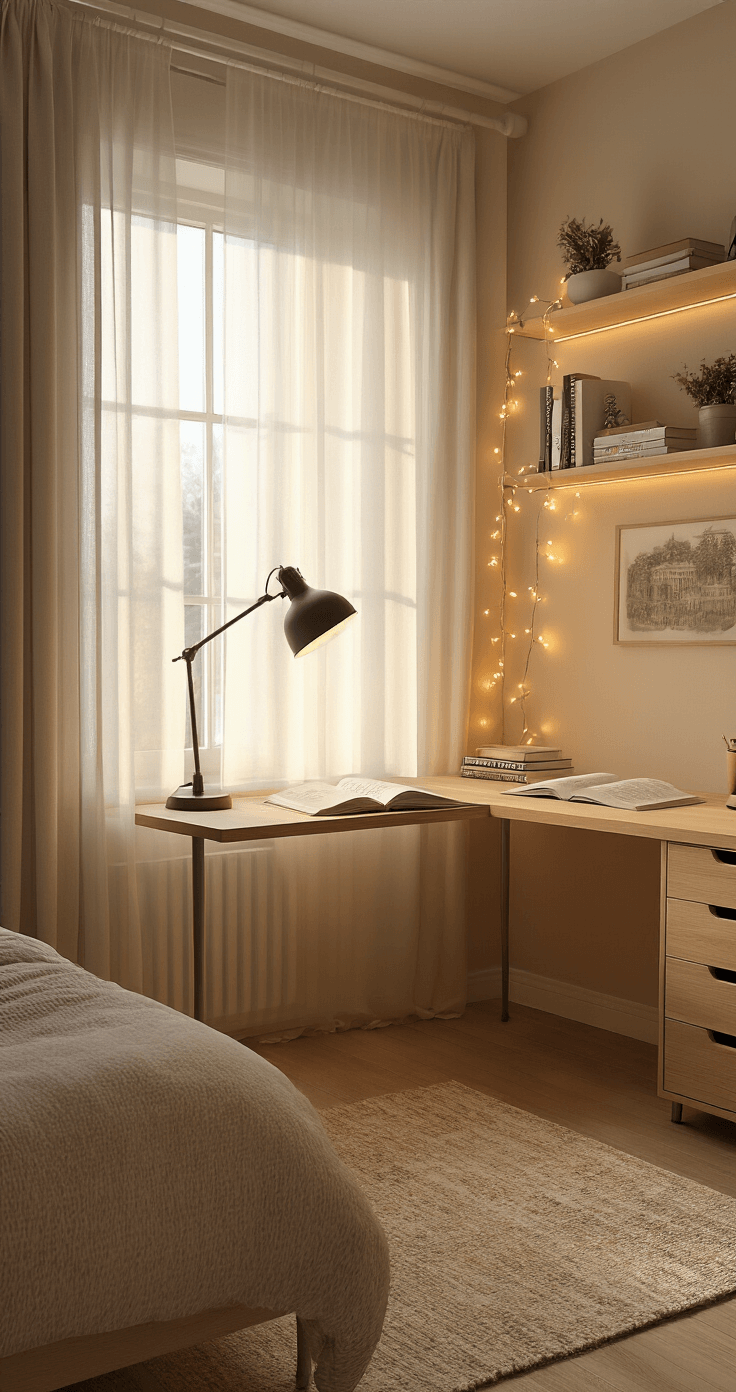 Creating a Cozy Study Aesthetic That Actually Makes You Want to Study Photorealistic wide-angle view of a cozy study corner in a bedroom, featuring a wooden desk illuminated by a warm desk lamp, open textbooks, soft area rug, and ambient string lights, with gentle natural light streaming through sheer curtains.