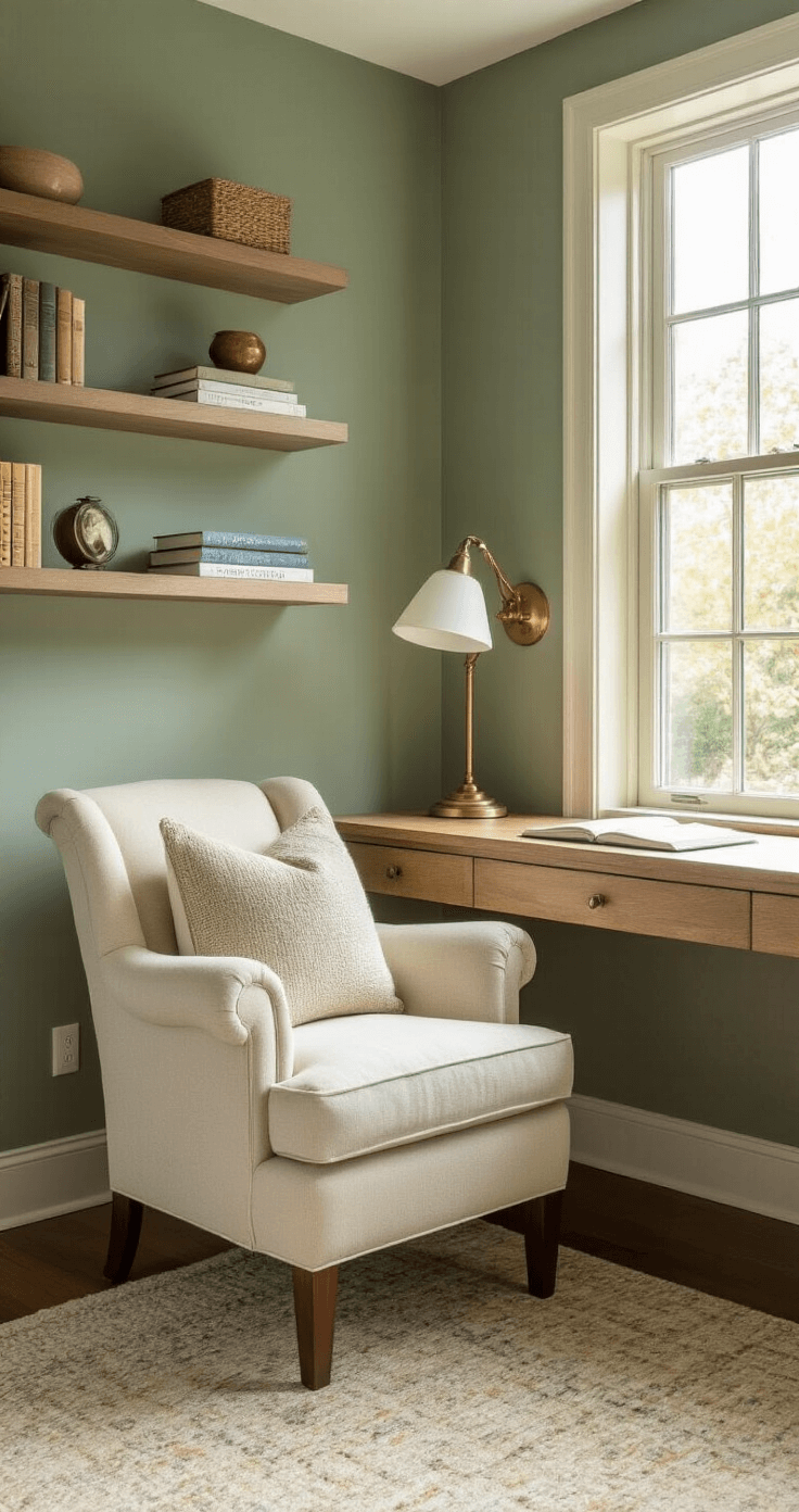 Creating a Cozy Study Aesthetic That Actually Makes You Want to Study Cozy study space featuring a sage green accent wall, cream upholstered reading chair, built-in shelves, natural wood desk, and warm afternoon light creating a calm atmosphere.