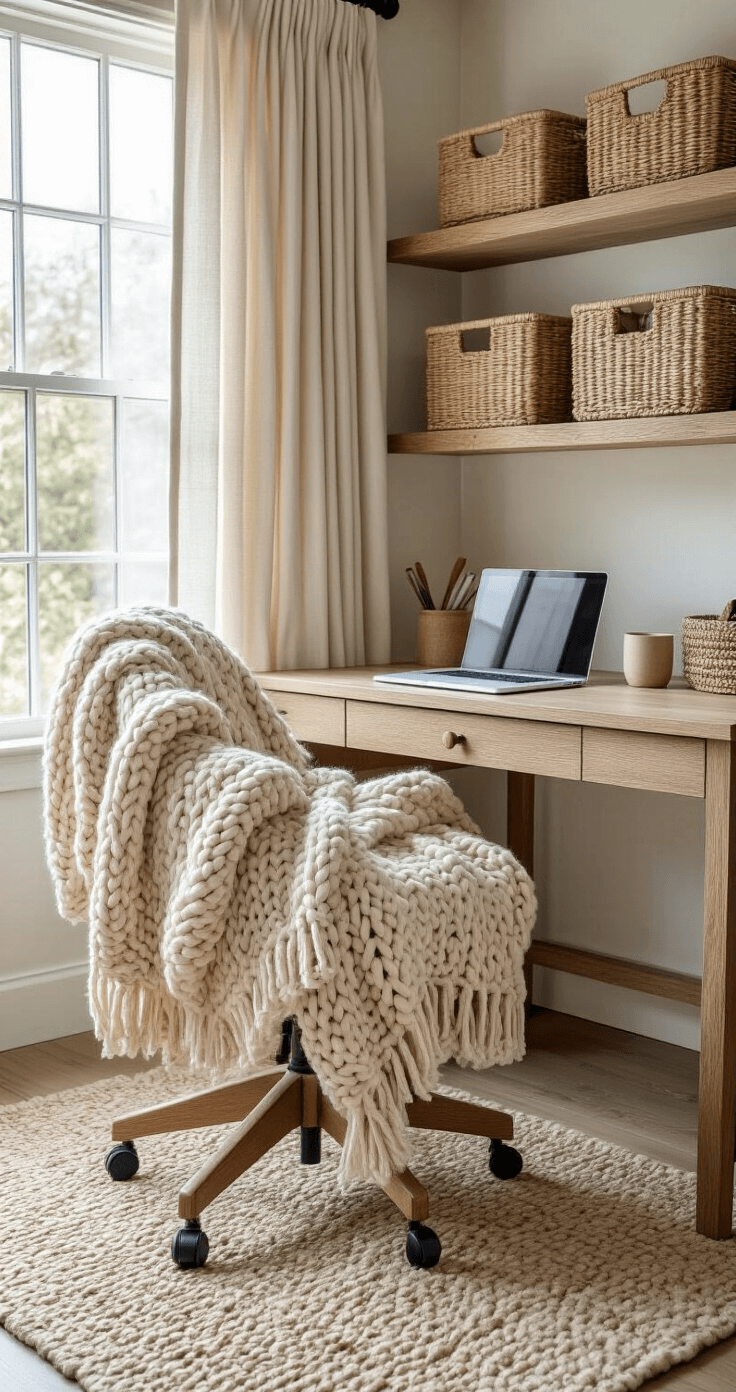Creating a Cozy Study Aesthetic That Actually Makes You Want to Study A cozy study nook featuring a chunky knit throw blanket on an ergonomic desk chair, a soft woven area rug under a wooden desk, and natural rattan storage baskets on shelves, with linen curtains filtering light in a cream, taupe, and natural wood color scheme.
