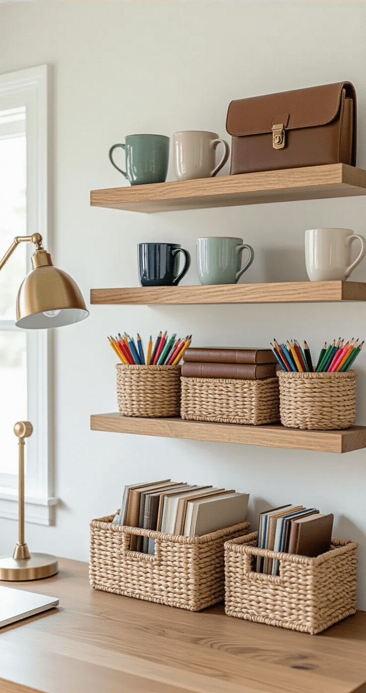 Creating a Cozy Study Aesthetic That Actually Makes You Want to Study A well-organized study space featuring dual-purpose storage with vintage ceramic mugs for pens, woven baskets for supplies, and leather journals on floating shelves, complemented by warm white walls, natural wood surfaces, and soft task lighting.