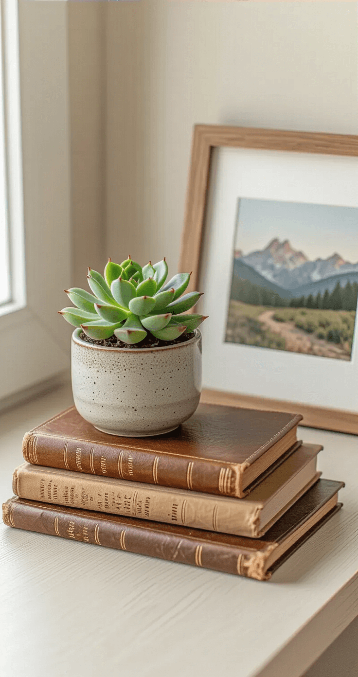 Creating a Cozy Study Aesthetic That Actually Makes You Want to Study Intimate corner of a personalized study zone with a jade succulent in a ceramic pot, a framed landscape photograph, and a collection of vintage leather-covered journals, illuminated by warm task lighting, featuring a soft neutral color palette of whites, creams, and natural wood tones.