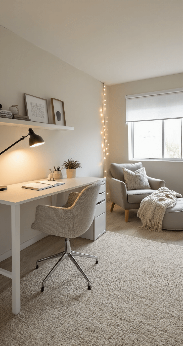 Creating a Cozy Study Aesthetic That Actually Makes You Want to Study Interior shot of a study room showcasing distinct work zones: a focused desk illuminated by bright task lighting in the foreground, a comfortable reading chair with a soft throw in the middle ground, and a cozy floor cushion area by the window in the background. The space features varied lighting from task lamps, ambient string lights, and natural daylight, all within a neutral color scheme, captured in a wide-angle view to emphasize spatial flow and versatility.
