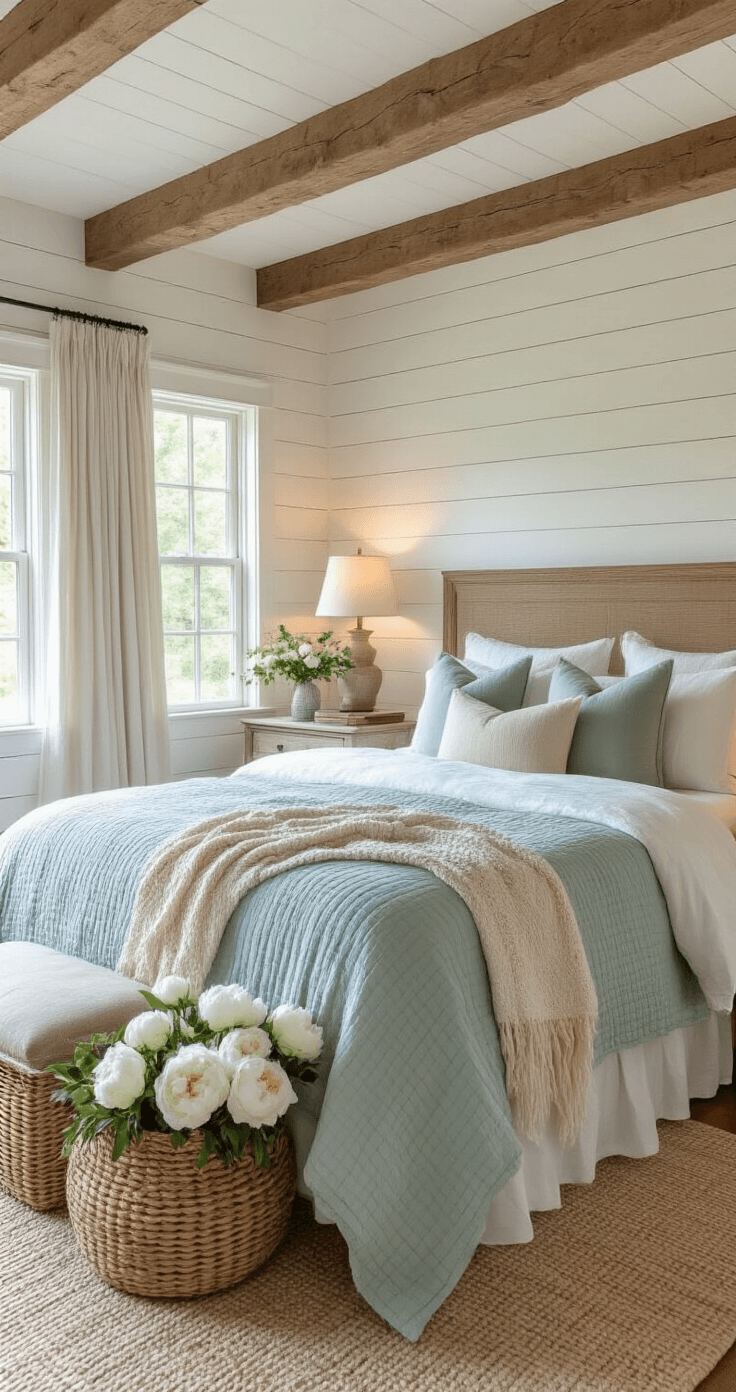 Creating Your Perfect Cozy Cottage Bedroom: The Ultimate Guide to Warm, Welcoming Bedroom Bliss Intimate cottage bedroom at golden hour with white shiplap walls, exposed oak beams, a queen bed adorned with cream linen sheets, a dusty blue quilt, and a chunky knit throw. Mismatched vintage nightstands with warm-hued table lamps, woven baskets, fresh white peonies, and a weathered wood headboard create a cozy ambiance. A soft sage green accent pillow adds a touch of color, while natural window light through airy linen curtains enhances the dreamy atmosphere.